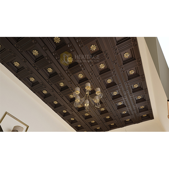 Brass Flower Embossed Wooden Coffered Ceiling