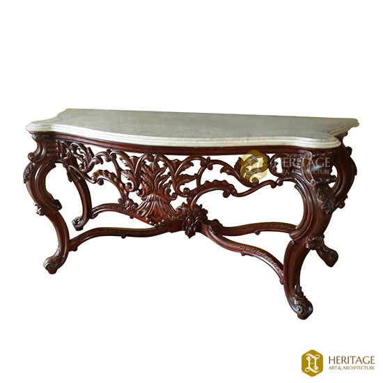 Indo Portuguese Wooden Console With Marble Top 