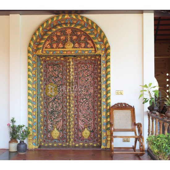 Antique Carved and Painted Teak Door