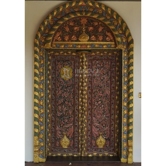 Antique Carved and Painted Teak Door