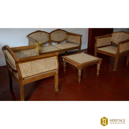 Teak Wood and Cane Sofa Set with Table